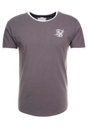 Grå T-shirt med korte ærmer lavet af bomuld, med en rund halsudskæring med hvid kant og et lille hvidt logo på brystet.