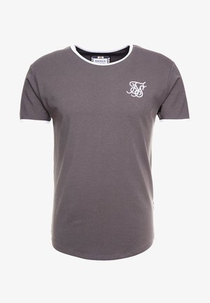 Graues T-Shirt mit kurzen Ärmeln aus Baumwolle, mit rundem Ausschnitt und weißer Einfassung sowie einem kleinen weißen Logo auf der Brust.