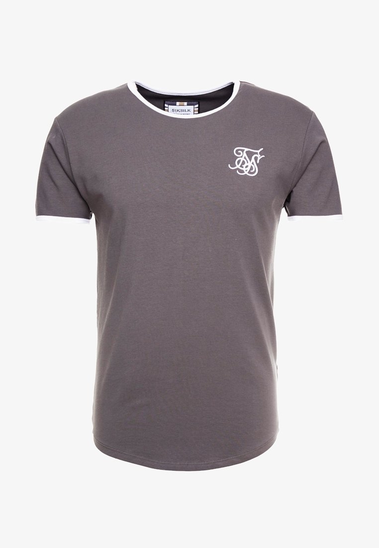 T-shirt gris à manches courtes en coton, avec un col rond bordé de blanc et un petit logo blanc sur la poitrine.