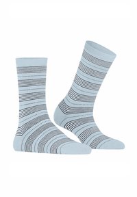 Light blue socks featuring horizontal black stripes and dotted lines, made from a soft, stretch fabric with a ribbed cuff.