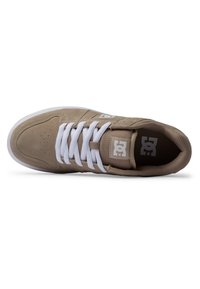 Baskets de skate beige avec une tige en daim, lacets blancs, orteil perforé et un logo sur la languette. Semelle en caoutchouc plate avec un motif de traction minimal.