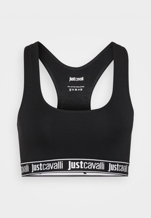 Zwarte sportbeha met brede banden, versterkte stiksels en een witte logoband aan de onderkant met "Just Cavalli." Gemaakt van katoen en elastaan.