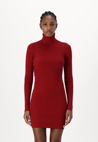 Sarkana ribota turtlenecka kleita ar garām piedurknēm, pieguļošs dizains un vidus augšstilba garums, ar mazu logo birku pie apakšmalas.