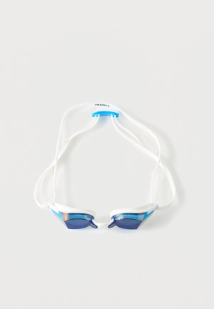 Mėlynos spalvos varinės plaukimo akiniai su baltais rėmeliais ir dvigubomis baltais dirželiais, pažymėtais „STEALTH X“ ant vienspalvio fono.