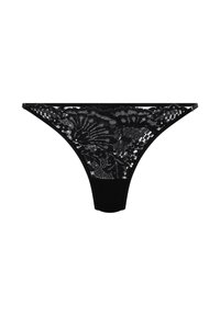 Schwarzer Spitzen-Tanga mit floralem Muster. Hat im Rücken durchsichtige Spitze und eine feste Vorderseite für den Kontrast. Weicher Stoff, elegantes Design.