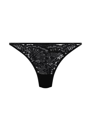 Schwarzer Spitzen-Tanga mit floralem Muster. Hat im Rücken durchsichtige Spitze und eine feste Vorderseite für den Kontrast. Weicher Stoff, elegantes Design.