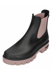 Botín negro de goma hasta el tobillo con paneles laterales elásticos rosas, una suela texturizada rosa y un diseño de punta redondeada. Presenta un acabado suave y un hardware mínimo.