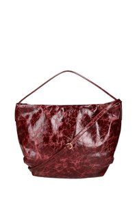 Borsa a spalla in pelle bordeaux con una texture lucida e increspata. Presenta una singola tracolla sottile e una forma arrotondata e morbida.