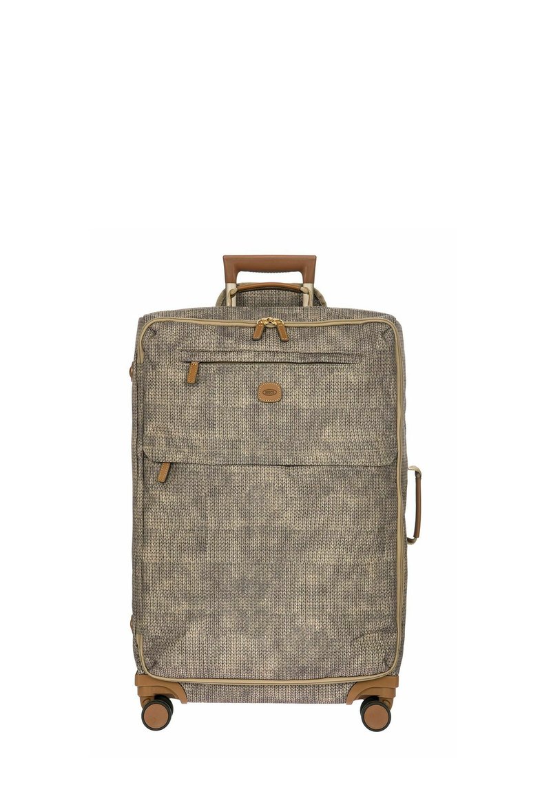 Valise à roulettes avec un tissu texturé dans des teintes marron et beige, dotée d'une poignée supérieure, de compartiments zippés et de roues en plastique.