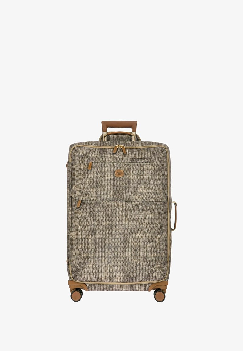 Valise à roulettes avec un tissu texturé dans des teintes marron et beige, dotée d'une poignée supérieure, de compartiments zippés et de roues en plastique.