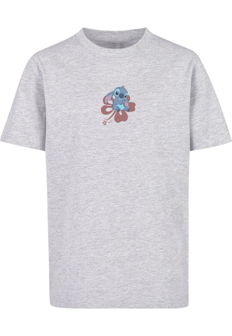 Grå bomulds t-shirt med en tegneseriefigur i blå og pink, der sidder på en rød blomst, centreret på brystet. Korte ærmer, rund hals.