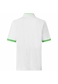 Polo bianco con un design uniforme e dettagli verdi sul colletto e sui bordi delle maniche. Maniche corte e un tessuto morbido.
