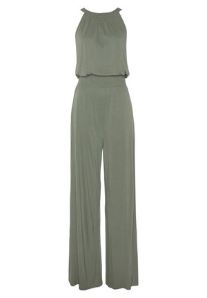 Ærmeløs olivengrøn jumpsuit med vide ben, indsnævret talje og halterneck-stil.