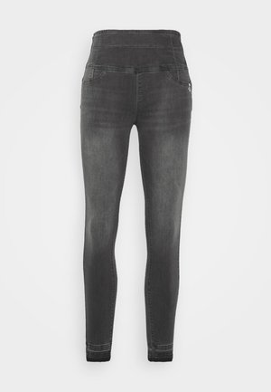 Dark gray high-waisted skinny jeans with front pockets and subtle fading on thighs and knees, displayed on a white background.