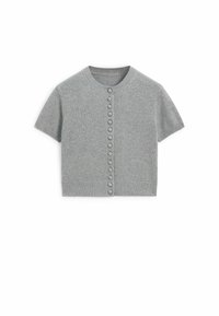 Cardigan corto grigio a maniche corte realizzato in morbido tessuto lavorato a maglia con scollo rotondo e chiusura anteriore con bottoni, dotato di bottoni coordinati lungo la pattina.