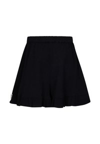 Pantaloni corti neri a campana realizzati in un tessuto leggero, con un orlo arricciato e una cintura elastica per il massimo comfort. Branding minimale sul lato.