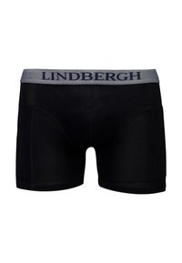 Black men's boxer briefs with gray waistband featuring "LINDBERGH" text in dark blue, displayed on a white background.