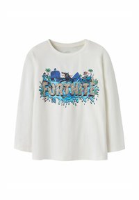 Maglietta bianca a maniche lunghe con stampa grafica colorata "FORTNITE", dettagli blu e illustrazioni di personaggi giocosi. Realizzata in morbido cotone.