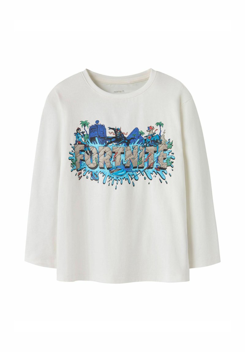Maglietta bianca a maniche lunghe con stampa grafica colorata "FORTNITE", dettagli blu e illustrazioni di personaggi giocosi. Realizzata in morbido cotone.