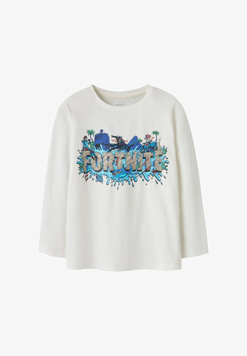 Maglietta bianca a maniche lunghe con stampa grafica colorata "FORTNITE", dettagli blu e illustrazioni di personaggi giocosi. Realizzata in morbido cotone.