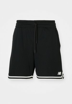 Black athletic shorts made of mesh fabric with a drawstring waist, featuring white accents on the hem and a visible logo on the side.