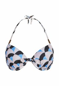 Trianguláris poharakkal rendelkező bikini felsőrész, kék, fekete és rózsaszín pikkelymintázattal. Állítható megkötőkkel és bronz hardware díszítéssel rendelkezik.