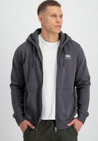 Felpa grigia con zip in tessuto morbido, dotata di tasca a marsupio, cappuccio con cordino e un piccolo logo sul petto. Indossata sopra una camicia bianca.