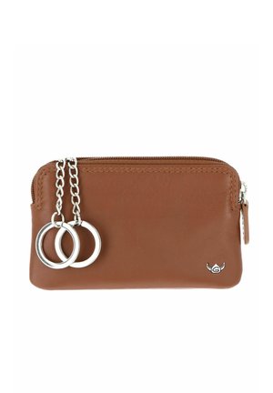 Brown leather zippered pouch with two attached silver key rings on short chains and a small silver logo on the lower right corner.