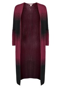 Lång cardigan med öppen framsida som har en gradientdesign från burgund till svart, med trekvartslång ärm och ett texturerat, lätt tyg.
