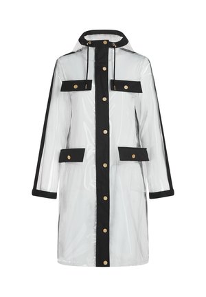 Priehľadný pršiplášť s čiernymi detailmi a zlatými patentkami. Má kapucňu, predné vrecká a rovný strih. Vyrobený z ľahkého plastového materiálu.