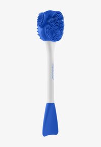 Blauer Silikonbürstenkopf mit erhöhten Borsten oben, befestigt an einem weißen Griff mit blauem Akzent an der Basis. Ergonomisches Design.