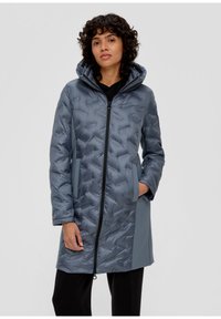 Daunenjacke in einem Farbverlauf von Grau, mit Kapuze, Reißverschluss und erhabener, rautenförmiger Steppstruktur. Glatte Ärmelbündchen.