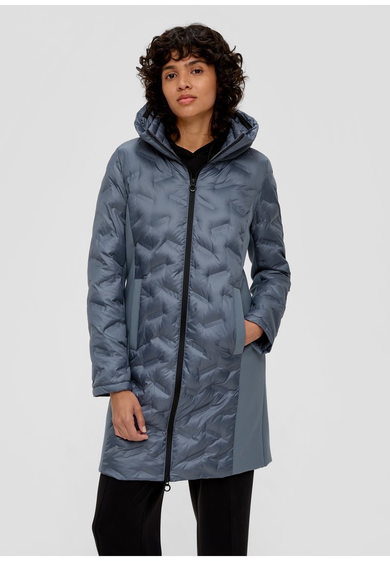 Daunenjacke in einem Farbverlauf von Grau, mit Kapuze, Reißverschluss und erhabener, rautenförmiger Steppstruktur. Glatte Ärmelbündchen.