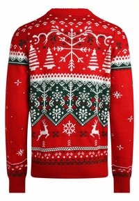 Rød strikket sweater med hvide og grønne festlige mønstre, herunder træer, snefnug og rensdyr. Ribbet manchetter og kant.