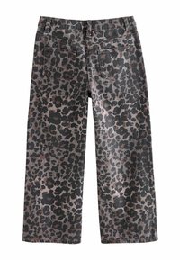 Leopardmønstret bredbenede jeans i en bomuldsblanding, med en mørk beige base og sorte samt brune pletter, samt to baglommer.