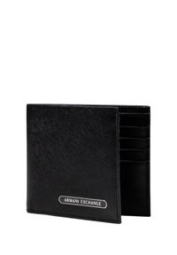 Portafoglio in pelle nera con finitura testurizzata, dotato di più scomparti per carte e un logo del marchio impresso su un accento argentato.