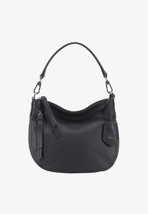 Black leather handbag with a pebble texture, curved shape, and a single handle. Features a front pocket and silver hardware accents.