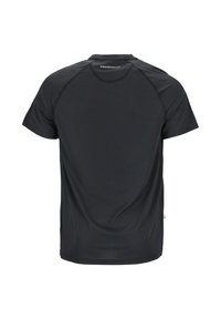 Zwarte sportieve T-shirt van lichtgewicht, ademend materiaal. Heeft korte mouwen, een ronde hals en een subtiel gestructureerd patroon.