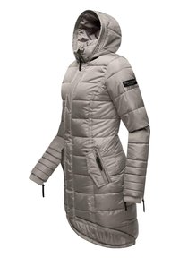 Gray padded coat with a hood, featuring two side zip pockets, ribbed cuffs, and a rounded hem. Made of lightweight, textured material.