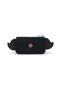 Schwarze Stofftasche mit einem türkisfarbenen Reißverschluss, die schwarze, ohrenartige Akzente und ein rundes, pinkes Logo auf der Vorderseite aufweist. Rechteckige Form.