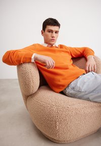 Oranje gebreide trui met een gemêleerde afwerking, gedragen over een lichtgekleurde coll shirt, terwijl gezeten in een ronde, beige, plush fauteuil.