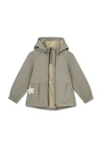 Lichtgroene hoodie met een beige voering, lange mouwen, een peplummodel bij de taille, en een stervormige accent aan de linkerkant.