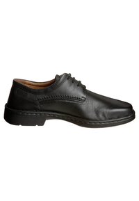 Zapato de vestir negro de cuero para hombre con cierre de cordones, punta redondeada, detalles de costura y suela de goma para mayor durabilidad.