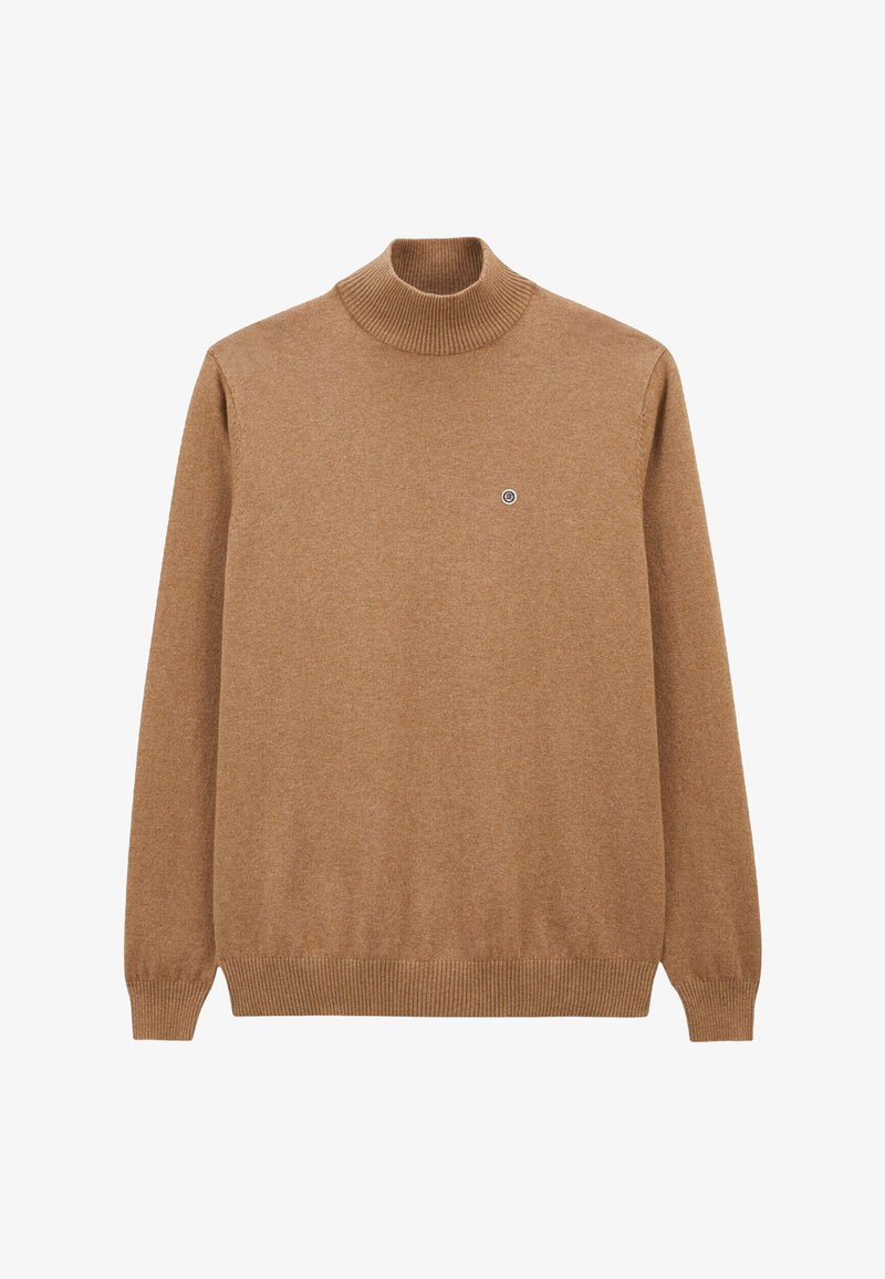 Pull turtleneck marron en tricot doux. Présente des poignets et un ourlet côtelés avec un petit logo sur la poitrine. Coupe classique.