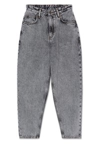 Hochtaillierte schwarze, ausgebleichte Denim-Jeans mit fünf Taschen, Knopfverschluss und einem entspannten Fit. Abgenutzte Textur auf der Oberfläche.