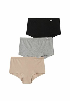 Sæt af tre par dame hipster-trusser i sort, grå og beige. Blødt, strækbart bomuldsmateriale med label i taljen.