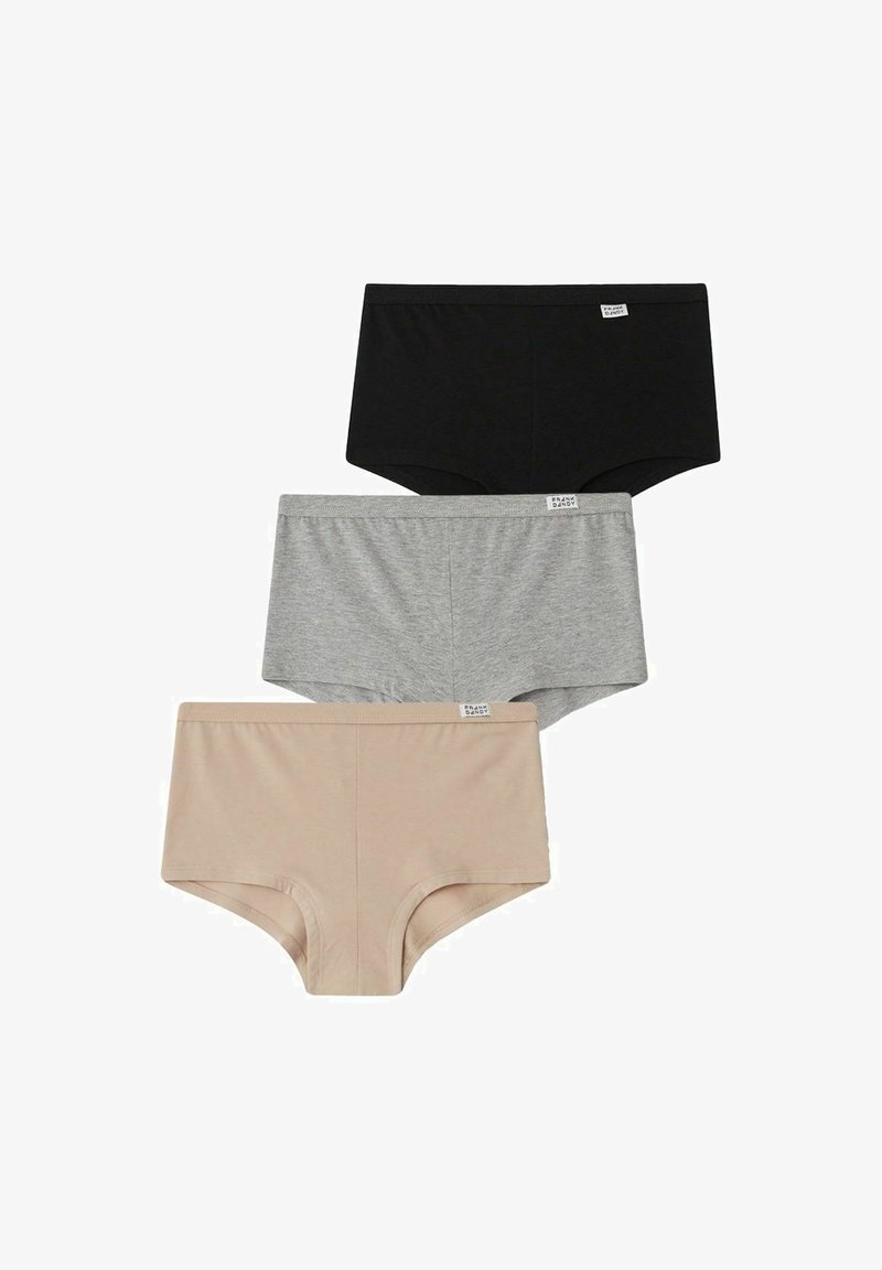 Sæt af tre par dame hipster-trusser i sort, grå og beige. Blødt, strækbart bomuldsmateriale med label i taljen.