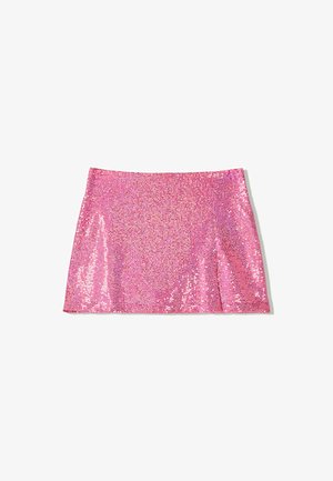 Pink sequined miniskirt with a smooth texture, straight cut, and subtle flare at the hem. Sparkles reflect light, enhancing its vibrant color.