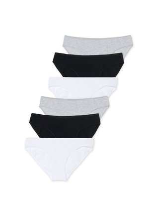 Seis calzones tipo bikini para mujer en colores alternos gris, negro y blanco, dispuestos en una pila vertical.