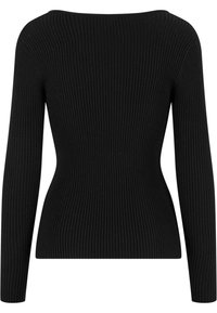 Suéter negro de manga larga con cuello ancho, silueta ajustada y tejido texturizado. Sin patrones ni detalles adicionales.